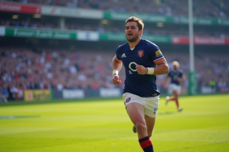 Joueur de rugby à sept français courant sur le terrain en match en journée