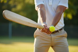 Joueur de tennis ball cricket en plein swing avec une batte Beat All Sports sur un terrain en herbe sèche