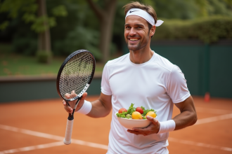 Joueur de tennis masculin avec salade sur court extérieur