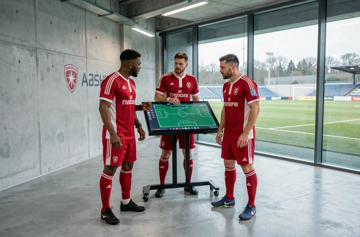 Trois joueurs de l'Ajax en tenue d'entraînement analysant des tactiques sur un écran numérique dans les installations modernes du club, comparaison des saisons passées et 2026