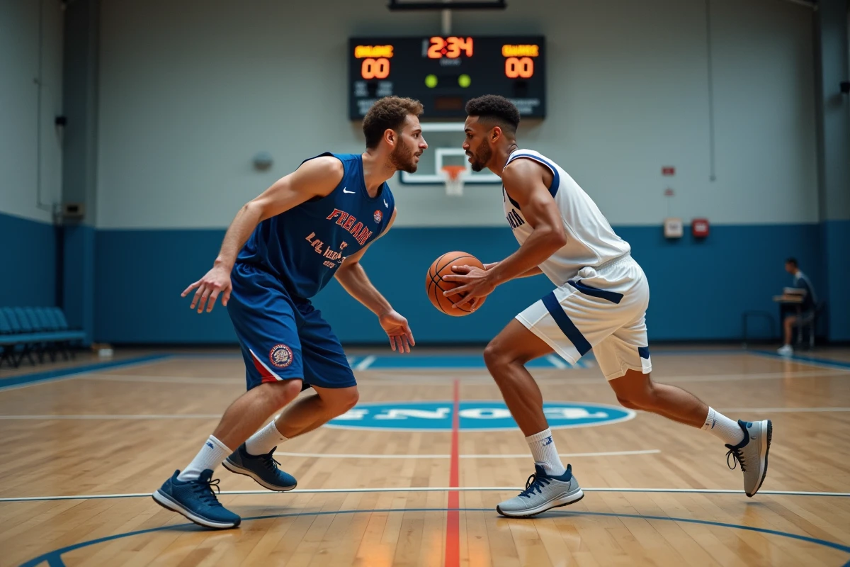 Deux joueurs de basket en duel pendant un match officiel avec horloge de jeu visible en arrière-plan