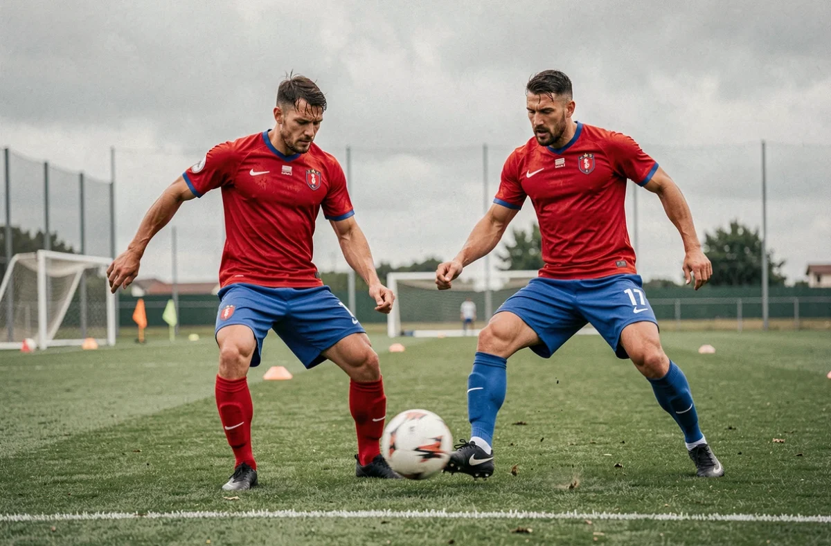 Joueurs de football en séance d'entraînement tactique avant le classique PSG contre l'Olympique de Marseille