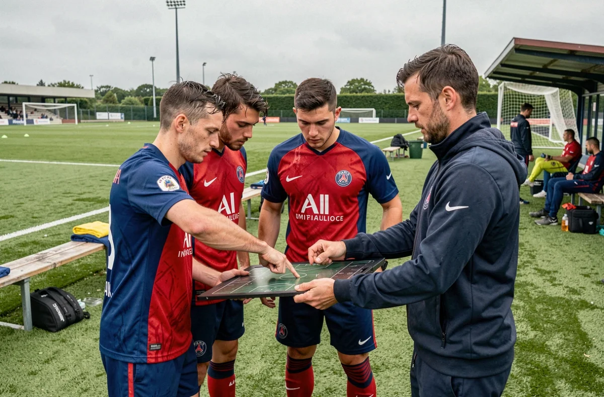 Joueurs du PSG réunis autour d'un tableau tactique lors d'une séance d'entraînement