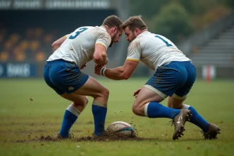 Deux joueurs de rugby fédérale 3 engagés dans un ruck sur un terrain communautaire herbeux lors d'un match amateur