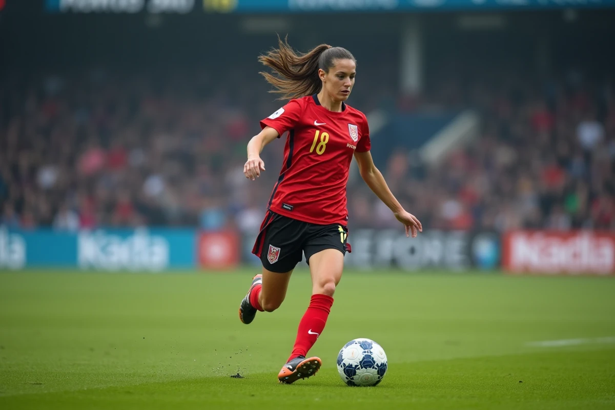 Joueuse de football féminin en dribble lors d'un match officiel dans un stade amateur du Calvados