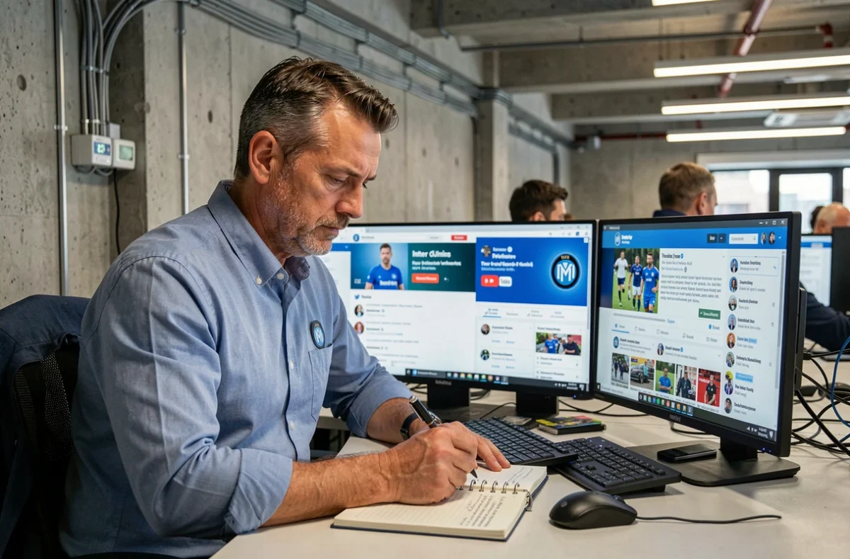 Journaliste sportif analysant les comptes officiels de l'Inter Milan sur les réseaux sociaux dans une salle de rédaction professionnelle