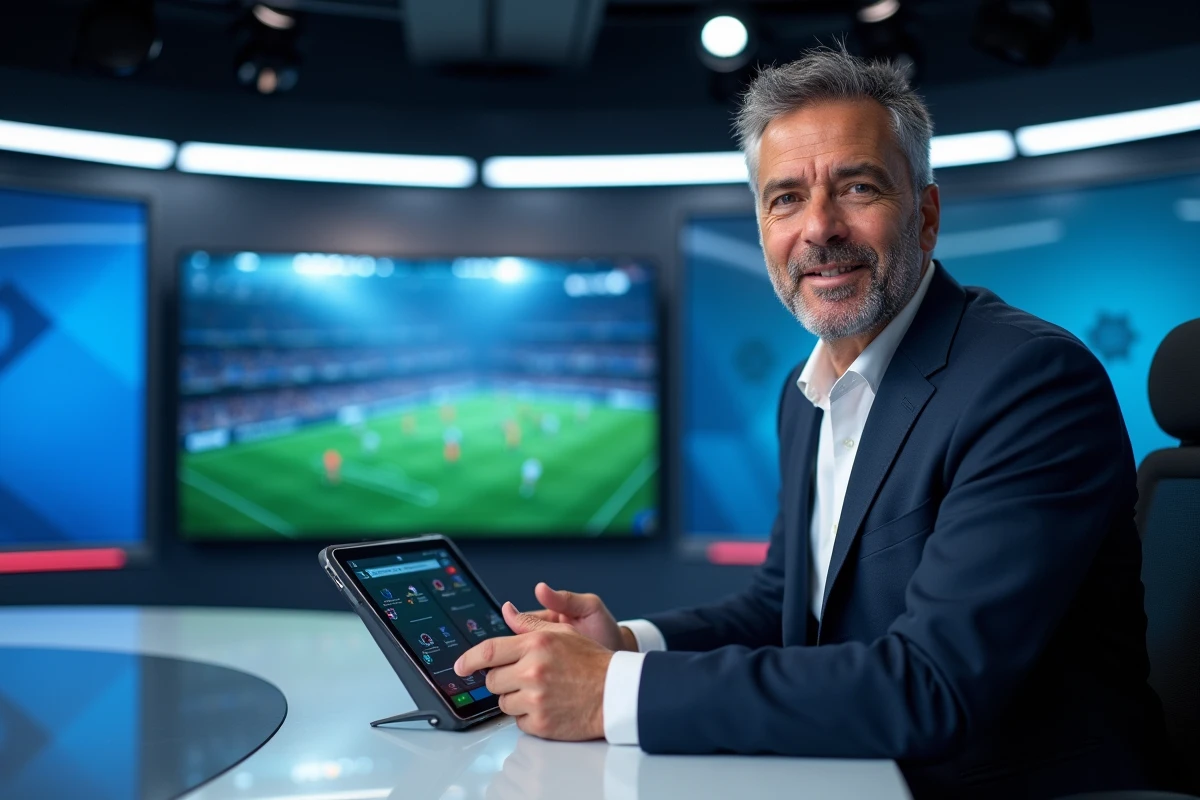 Journaliste sportif analysant les chances de l'Inter Milan en Ligue des Champions 2026 dans un studio TV