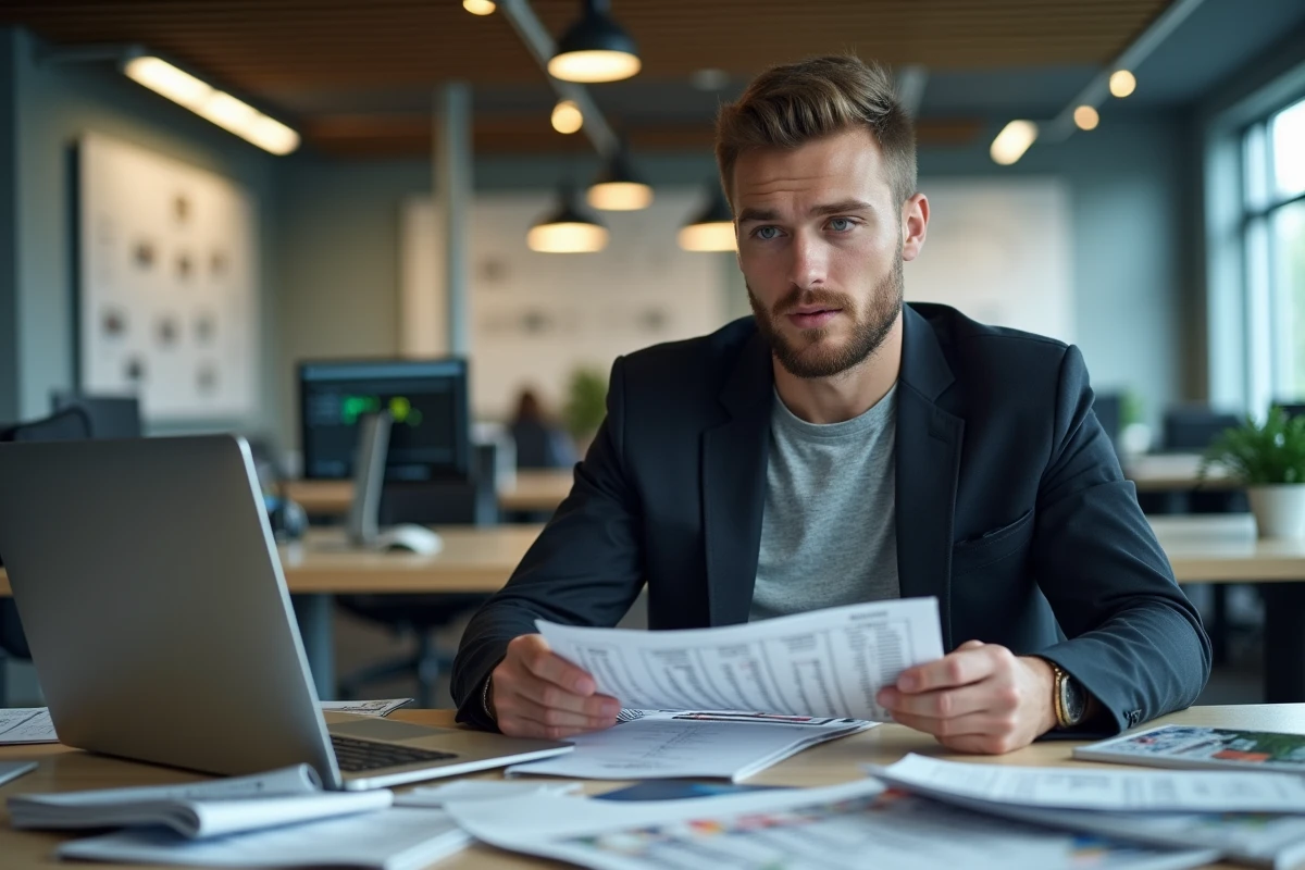 Journaliste sportif analysant les transferts de l'ASM Rugby sur un bureau avec documents et ordinateur portable