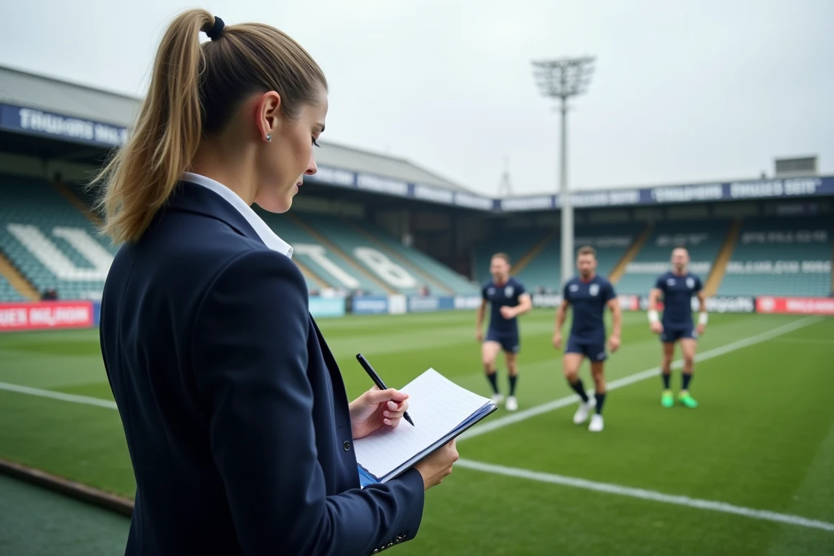 Journaliste sportive prenant des notes en bord de terrain lors d'un match de rugby fédérale