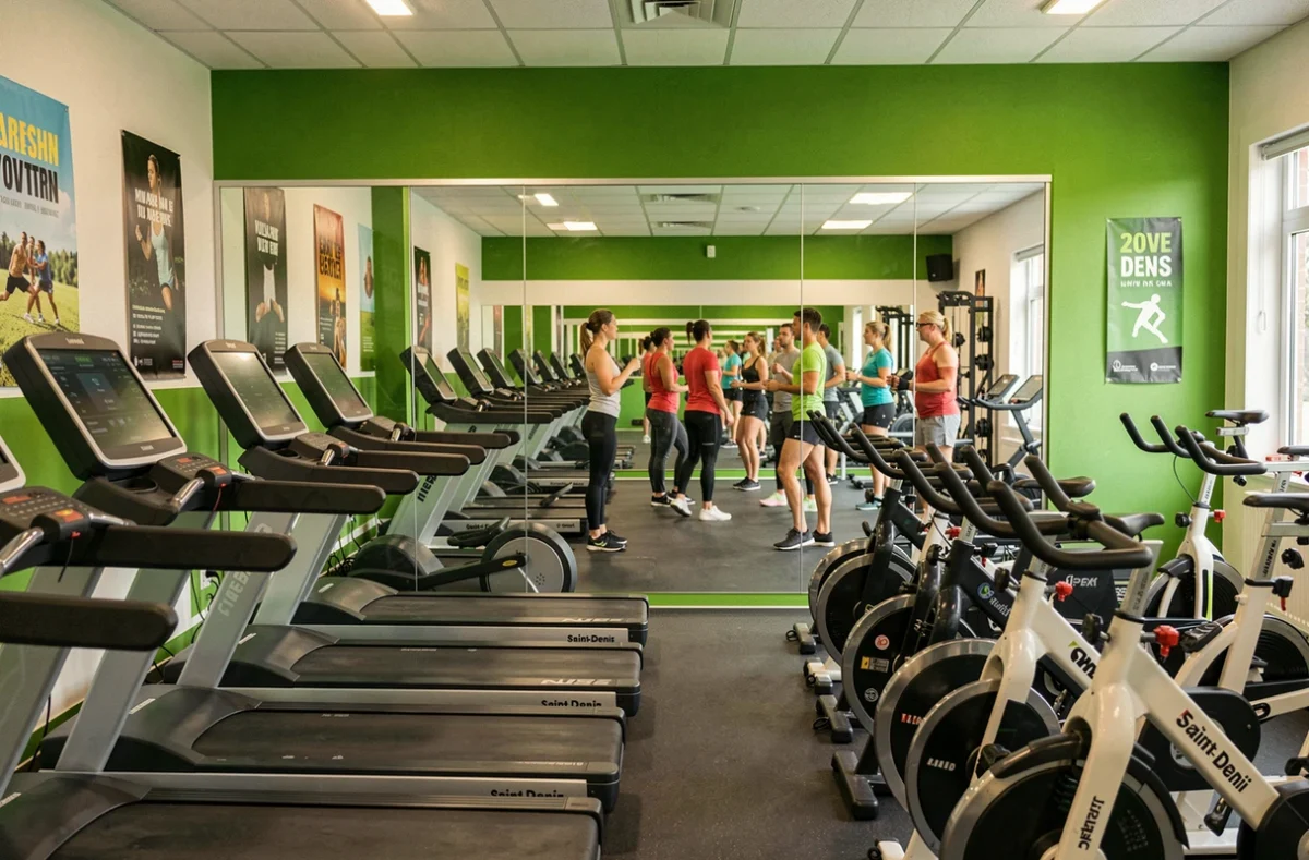 Salle Keep Cool Saint-Denis avec espace cardio au premier plan et studio de cours collectifs visible en arrière-plan
