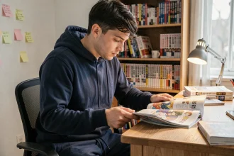 Jeune homme lisant un tome de manga Blue Lock assis à son bureau dans une chambre d'étudiant entourée de volumes de manga