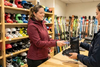 Femme en veste de ski bordeaux qui loue du matériel de ski au comptoir d'un magasin de location, souriant en tendant sa carte bancaire