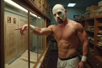 Lutte homme masqué vintage dans une salle d archives