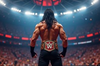 Lutteur musclé avec ceinture de champion dans une arene