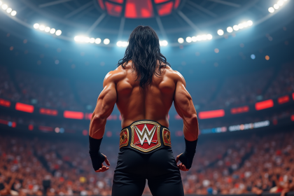 Lutteur musclé avec ceinture de champion dans une arene