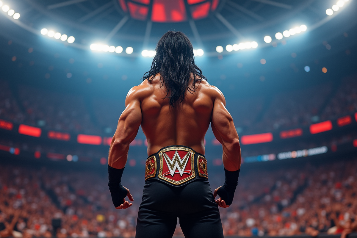 Lutteur musclé avec ceinture de champion dans une arene