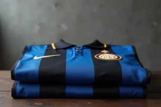 Maillot officiel de l'Inter Milan aux rayures noires et bleues plié sur une table en bois sombre avec l'écusson du club visible