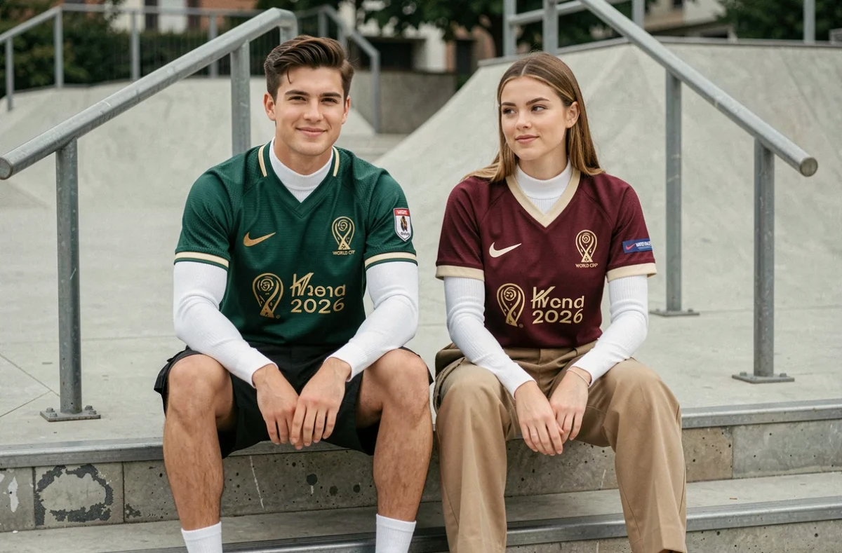 Deux amis arborant des maillots Nike Coupe du Monde 2026 vintage en coloris contrastés associés à des pièces streetwear sur les marches d'un skatepark urbain