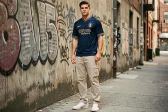 Jeune homme en maillot Nike vintage Coupe du Monde 2026 bleu marine associé à un cargo ecru dans une ruelle urbaine street art