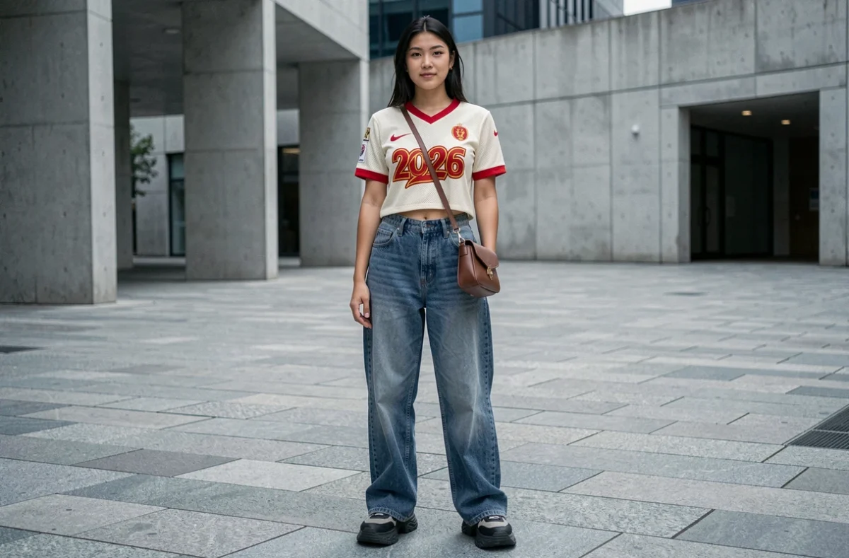 Jeune femme portant un maillot Nike 2026 vintage blanc et rouge en version cropped avec jean wide-leg taille haute dans une place urbaine moderne