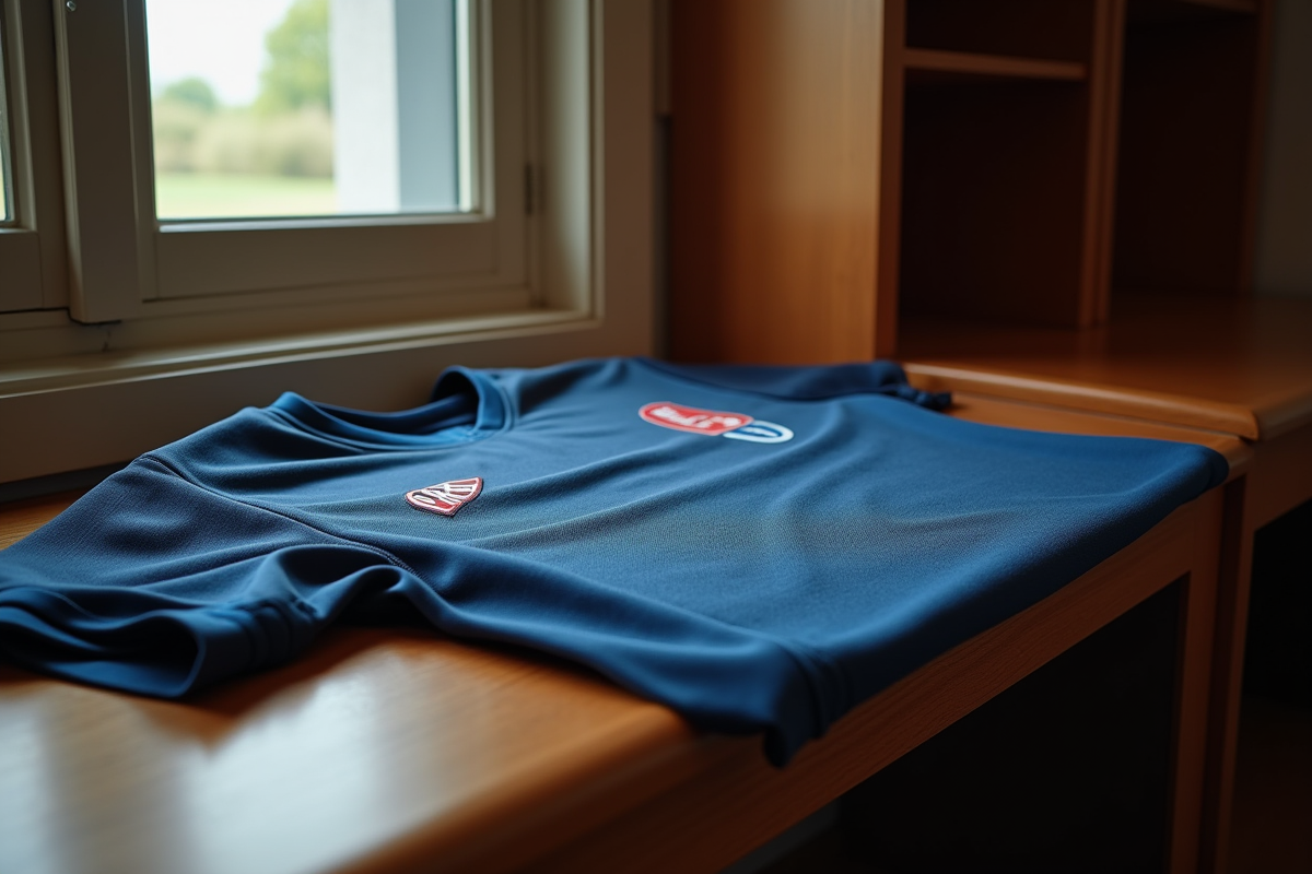 Maillot de rugby à sept français posé sur un banc en vestiaire
