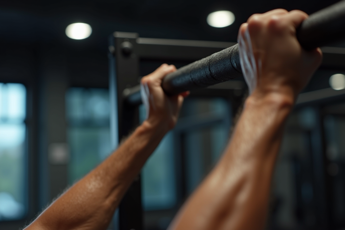 Mains tenant une barre de traction dans une salle de sport moderne
