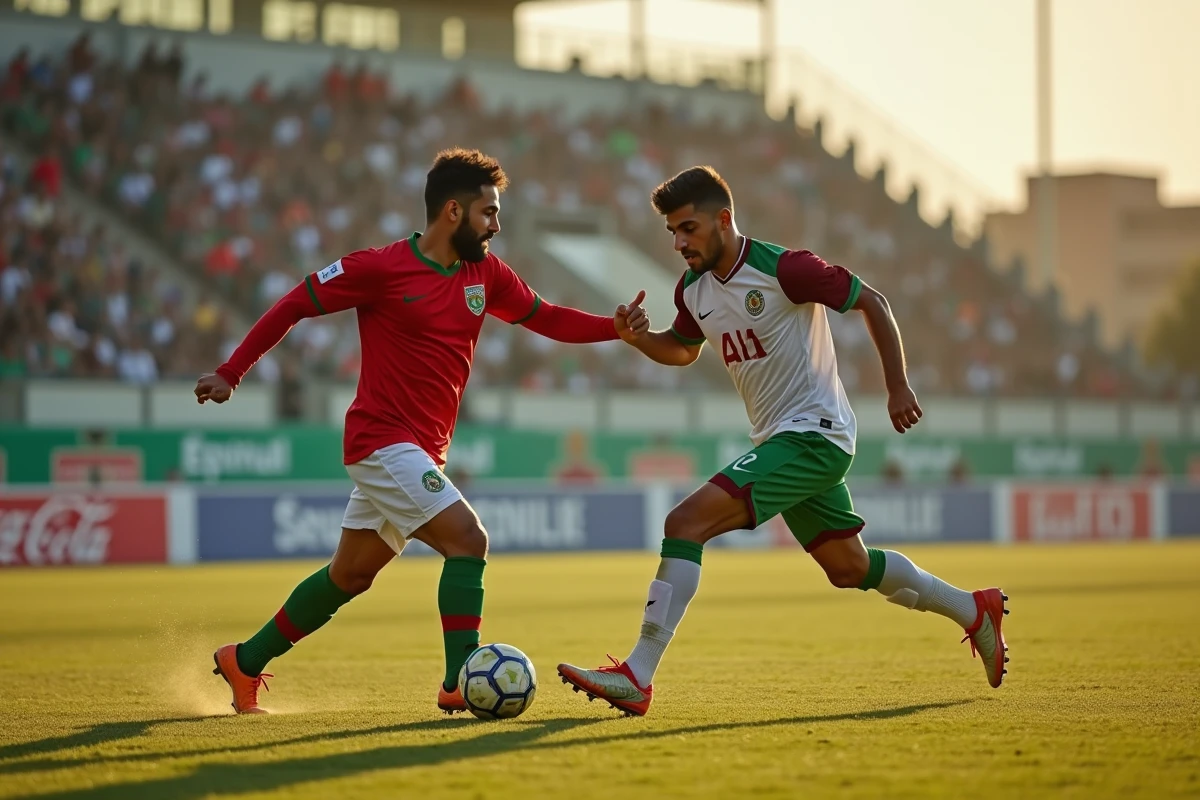 Duel entre deux footballeurs algériens lors d'un match dans un stade régional en Algérie