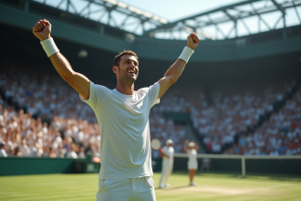 Joueur de tennis victorieux dans un grand stade en plein jour