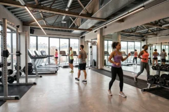 Vue panoramique d'une salle de sport moderne en Île-de-France avec zones de musculation et cardio