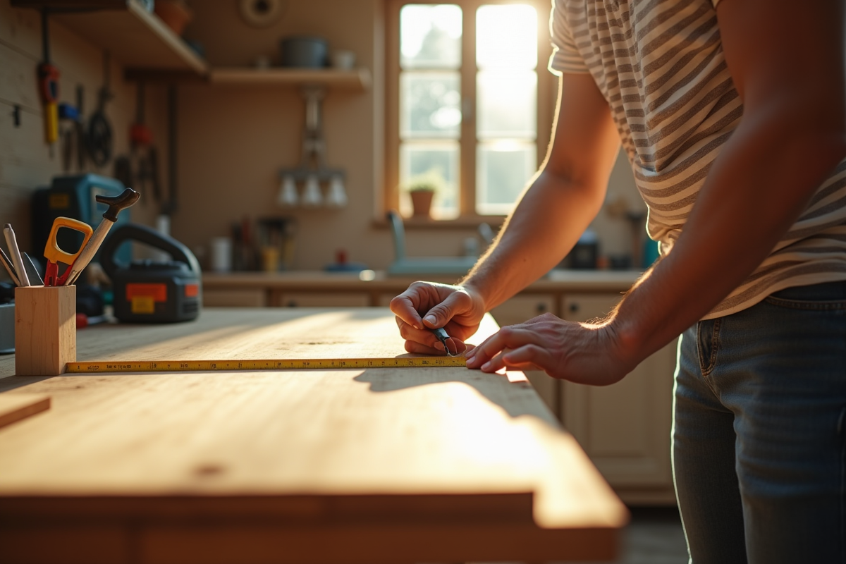 Personne mesurant un bois avec un ruban dans un atelier lumineux
