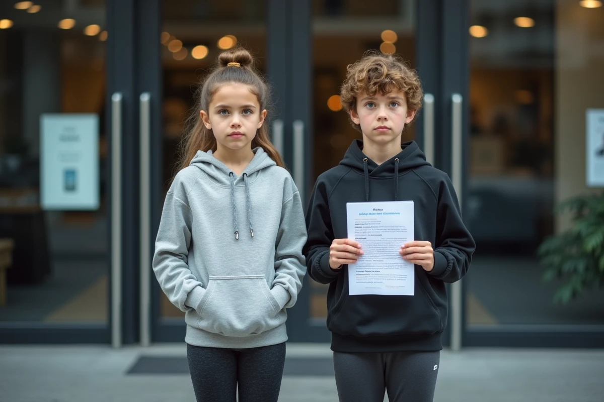 Deux adolescents devant l'entrée d'une salle Basic Fit avec un formulaire d'autorisation parentale