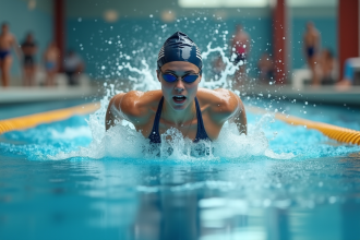 Jeune nageuse en pleine action dans la piscine de comp&eacute;tition
