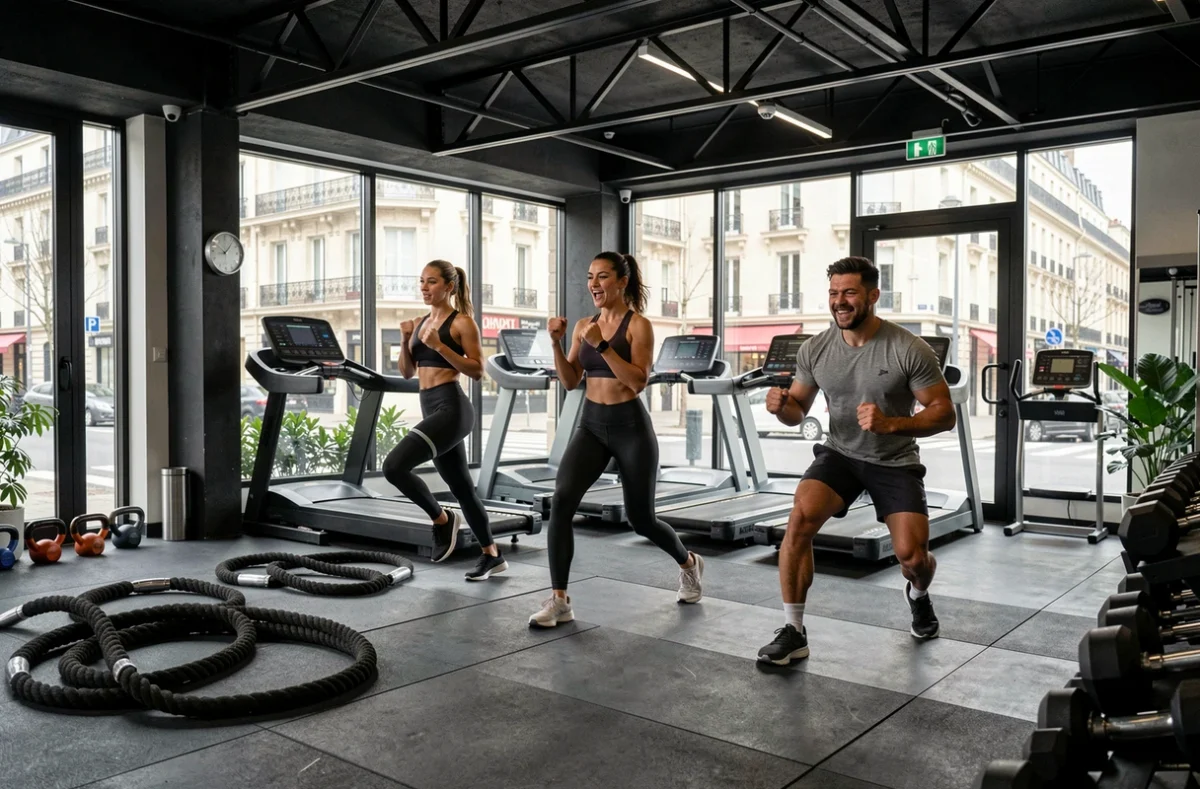 Espace de fitness moderne de la salle Neoness Pantin avec zone fonctionnelle et vue sur la rue urbaine
