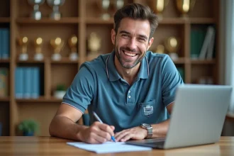 Nouveau bénévole remplissant un formulaire d'adhésion dans un bureau de club sportif avec un ordinateur portable ouvert sur le site FBI V2