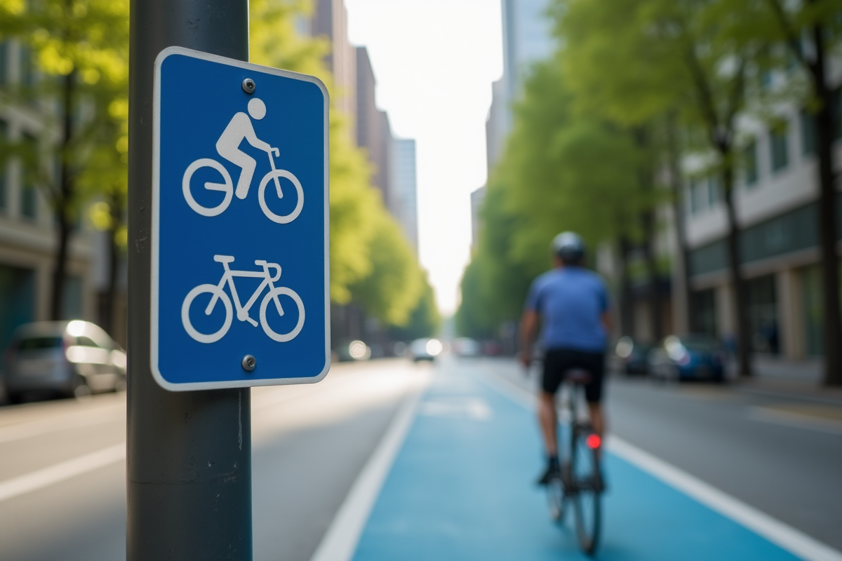 Panneau de piste cyclable bleu avec vélo passant en ville le matin
