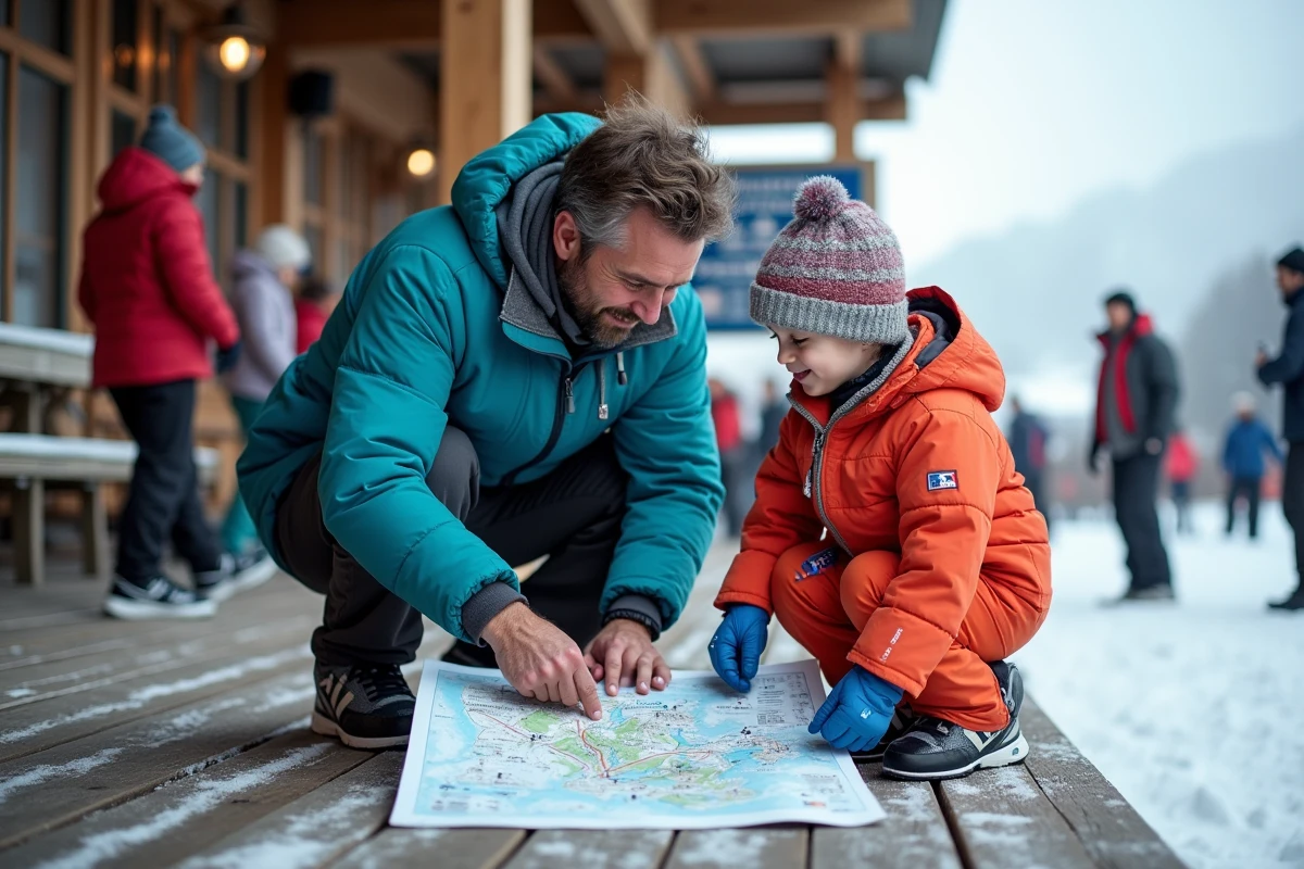Pere et son fils regardant une carte des pistes au ski