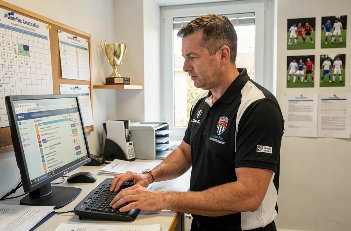 Administrateur de club optimisant les paramètres de connexion Footclub FFF sur un ordinateur de bureau dans un bureau associatif