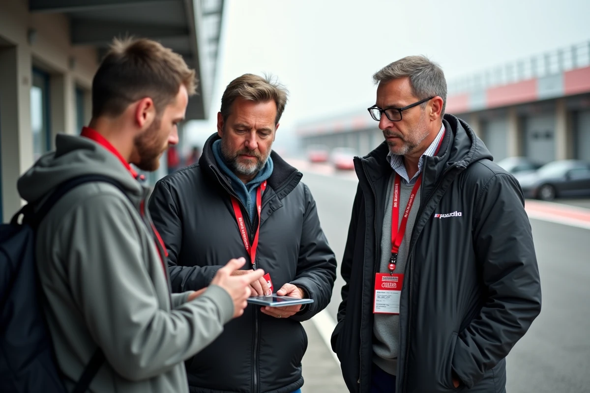 Groupe de participants discutant des tarifs et options d'un stage de pilotage au paddock d'un circuit automobile
