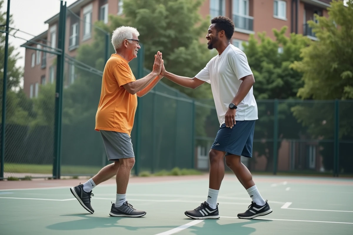 Homme et adolescent se félicitant après un match de basket