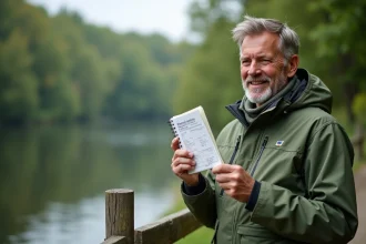 Homme d'âge moyen avec permis de pêche et carnet près d'une rivière