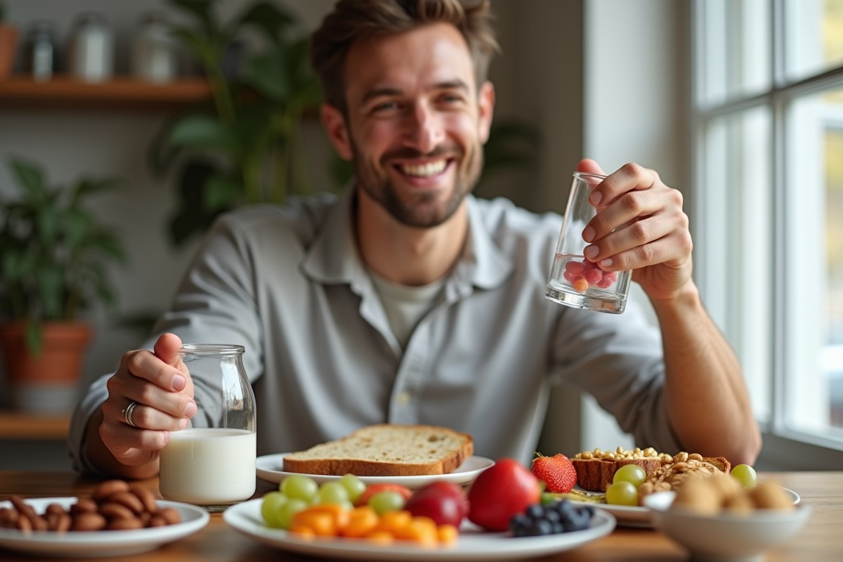 Adulte souriant tenant un organisateur de pilules au petit déjeuner