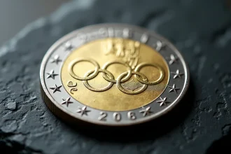 Pièce de 2 euros commémorative Jeux Olympiques 2026 en gros plan sur ardoise noire