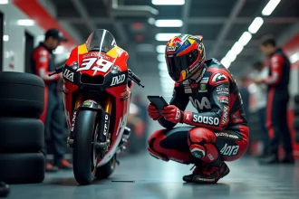 Pilote MotoGP analysant des données techniques dans le garage de son équipe aux côtés de sa moto prototype