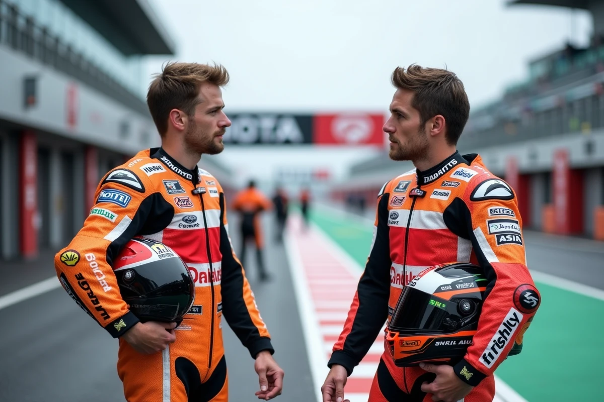 Deux pilotes MotoGP en combinaisons d'équipes différentes discutant sur la grille de départ avant une course