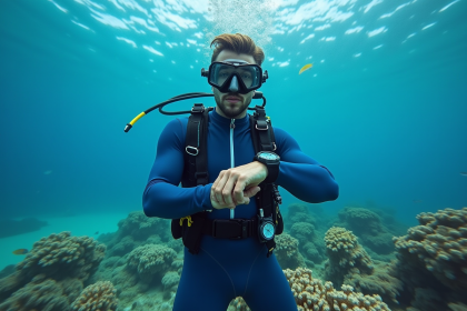 Plongeur masculin ajustant son ordinateur sous l'eau près d'un récif corallien
