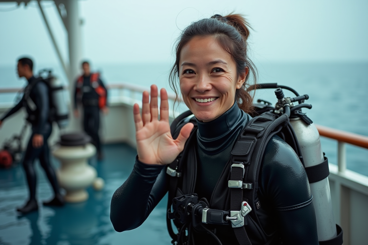 Plongeuse féminine signalant OK sur le pont après la plongée en mer