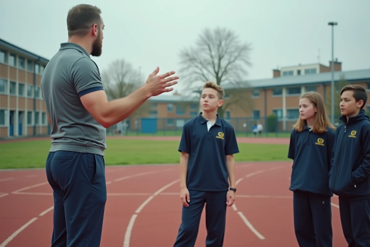 Enseignant d'EPS expliquant un exercice d'athlétisme à des élèves sur une piste scolaire, représentant les champs d'apprentissages en éducation physique