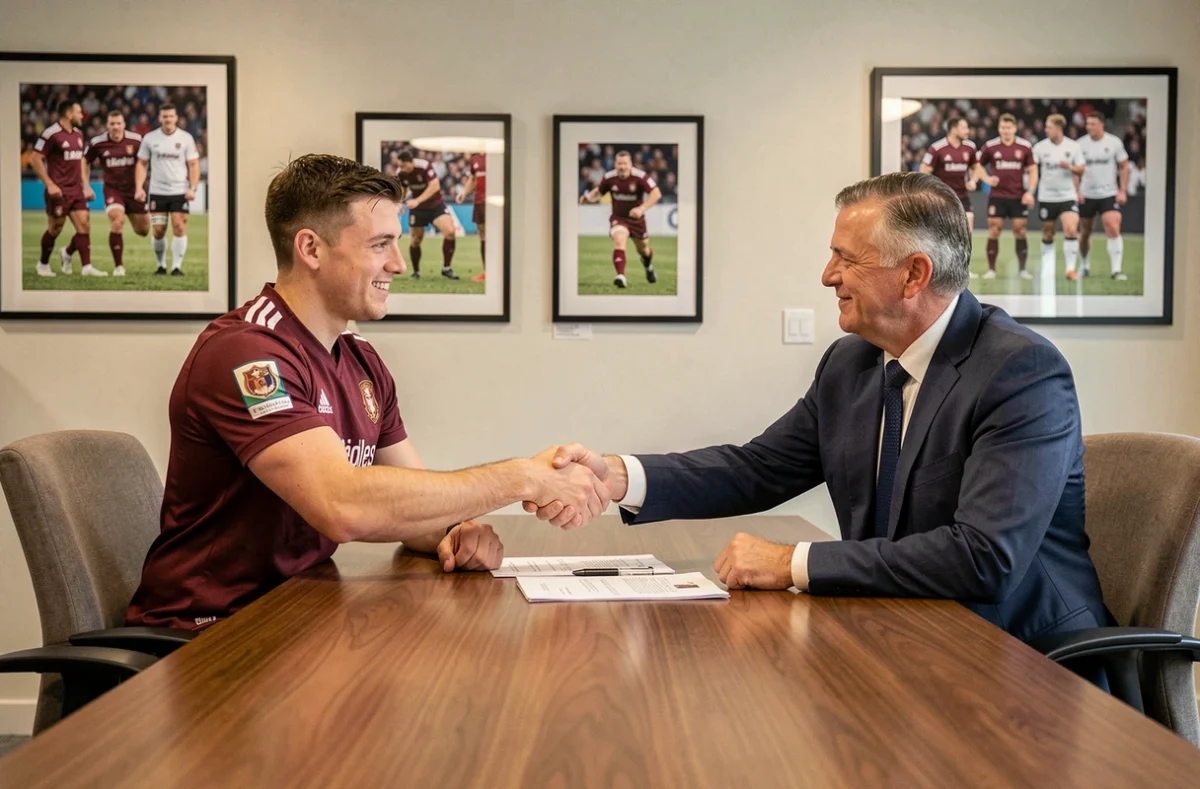 Joueur de rugby et dirigeant de club se serrant la main autour d'une table de réunion illustrant une prolongation de contrat imminente