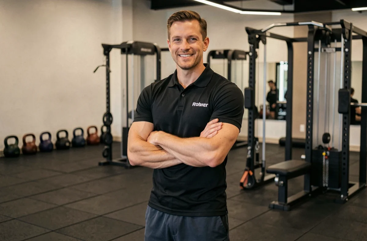 Coach sportif professionnel de PS Coaching posant dans une salle de sport moderne