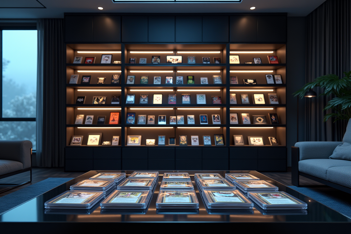 Étagère avec cartes rares et boîtes de collection modernes